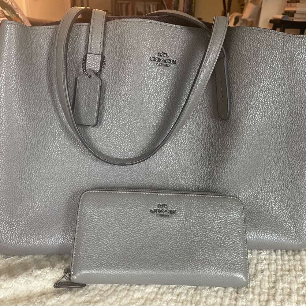 Coach Pebbled Leather Tote and Zip Wallet in Light Gray